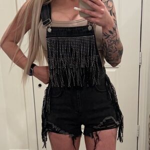 Blue B Black Fringe Studded Denim Overalls Size Small